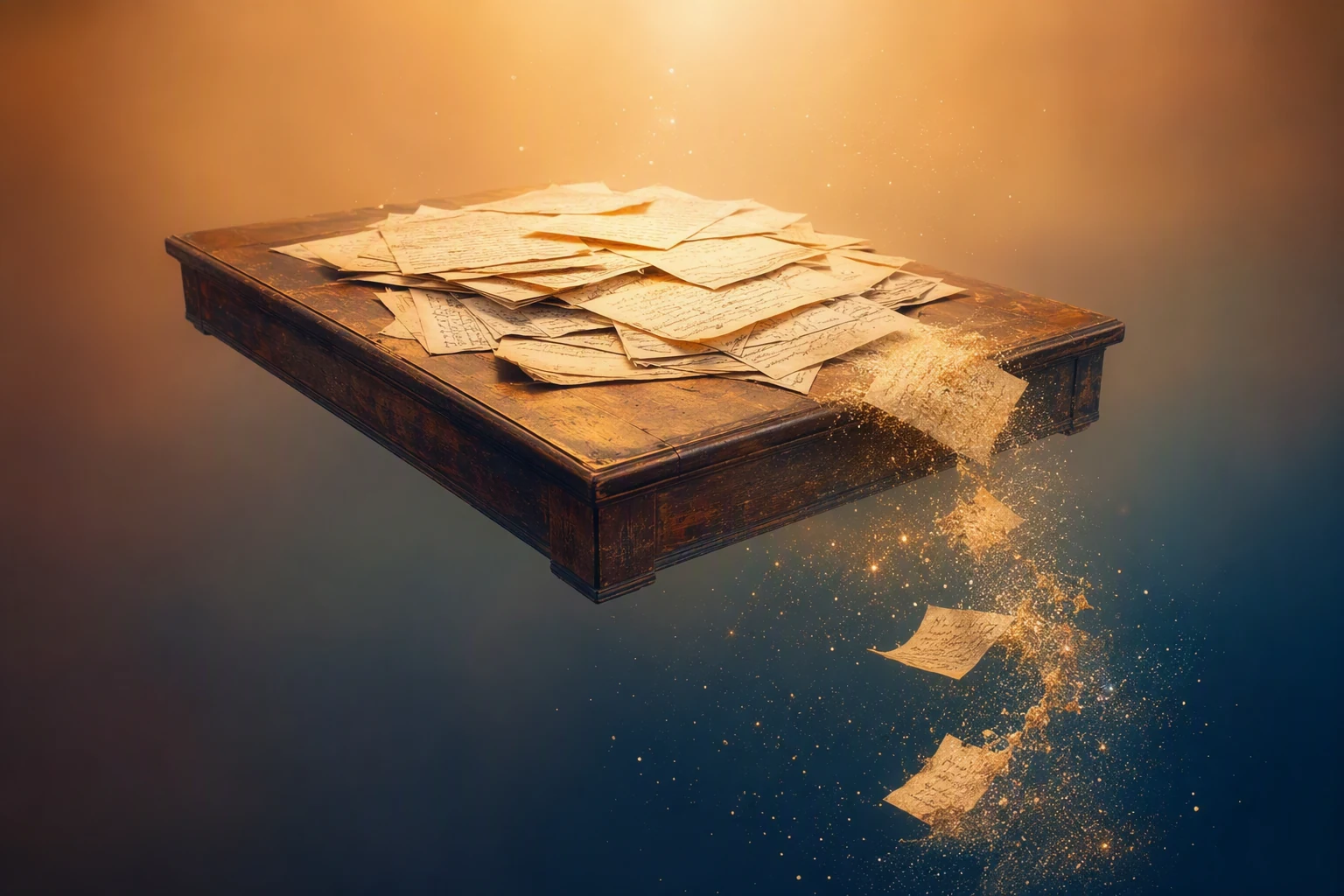 Una mesa flotando con hojas de papel que se caen por el borde y se disuelven en luz.