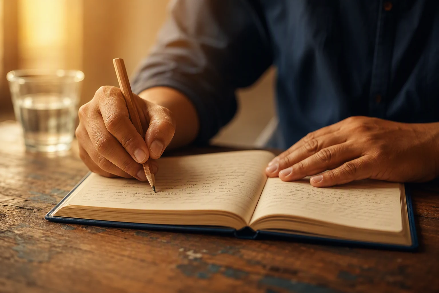 Dos manos escribiendo a mano en una libreta sobre una mesa de madera, con luz cálida de ventana.