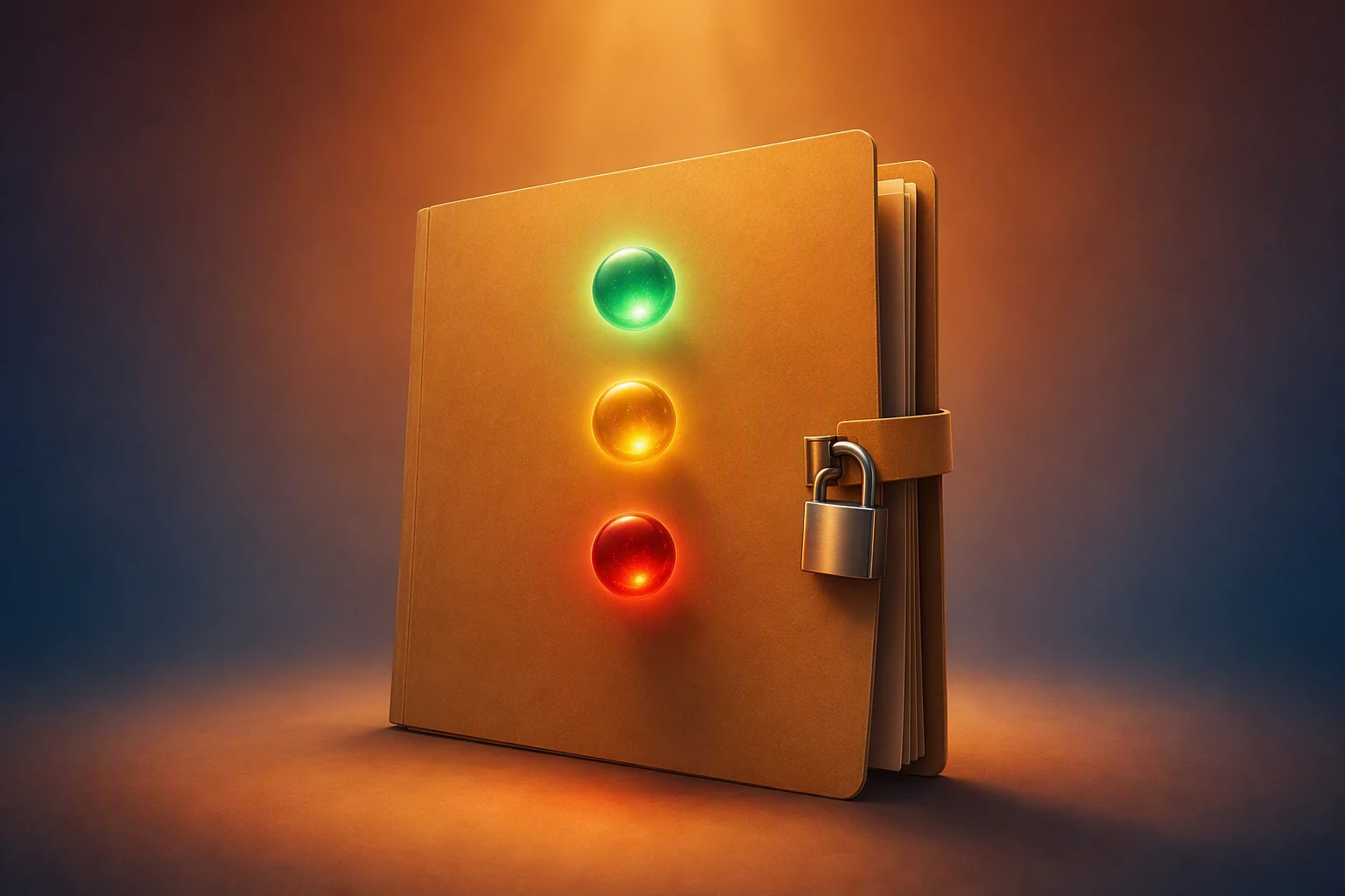 Una carpeta con candado y tres esferas de luz verde, ámbar y roja.