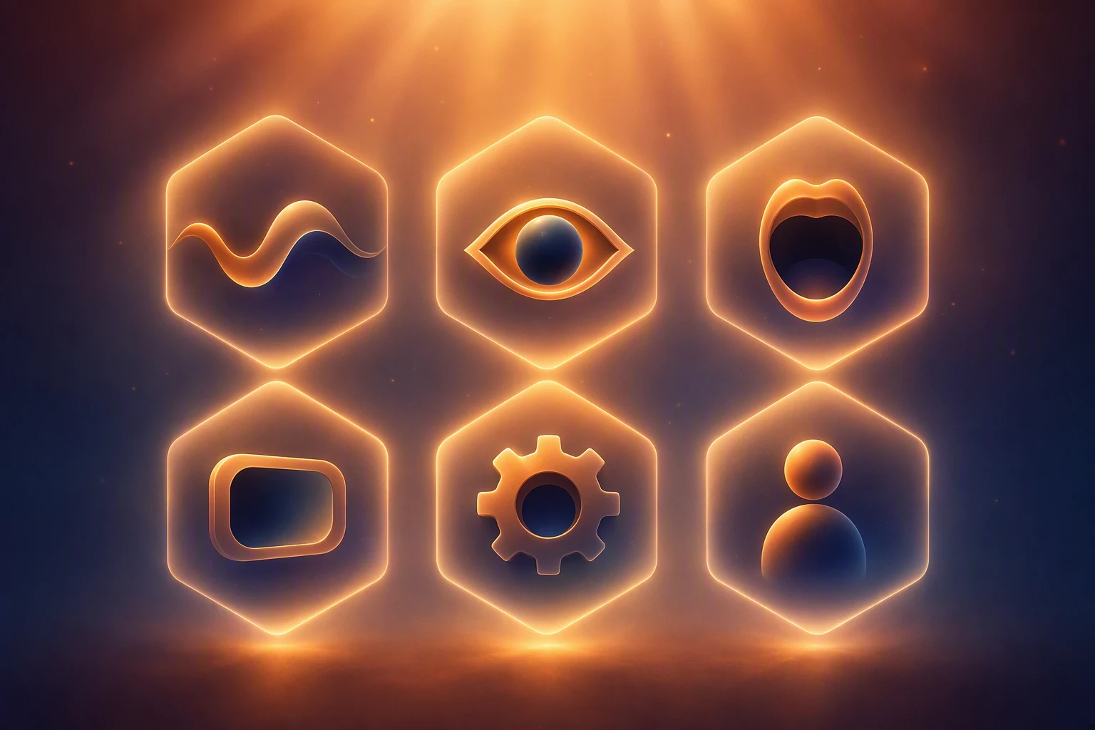 Seis hexágonos de luz con símbolos distintos dentro.