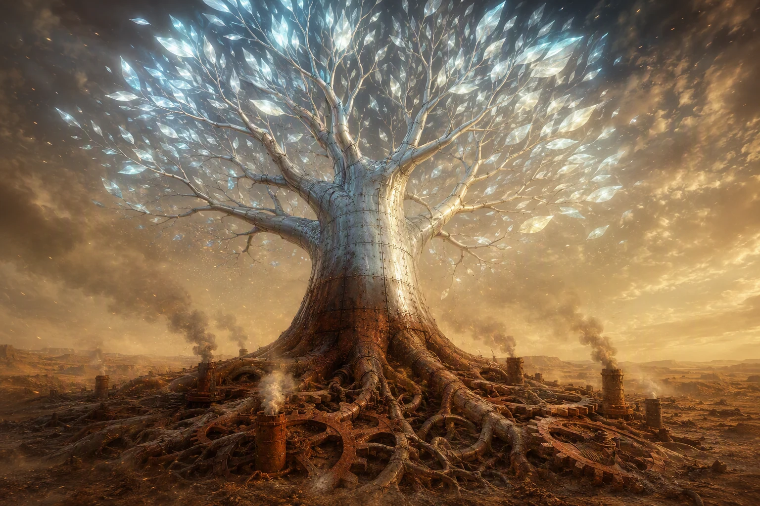Un árbol cuyas raíces son engranajes de hierro y chimeneas de ladrillo, y cuya copa está hecha de hojas de luz.