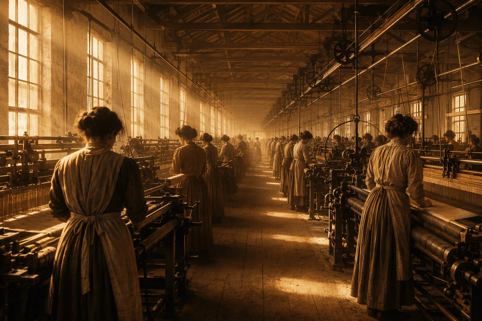 Interior de una fábrica textil latinoamericana de principios del siglo XX, con filas de telares industriales y obreras trabajando.